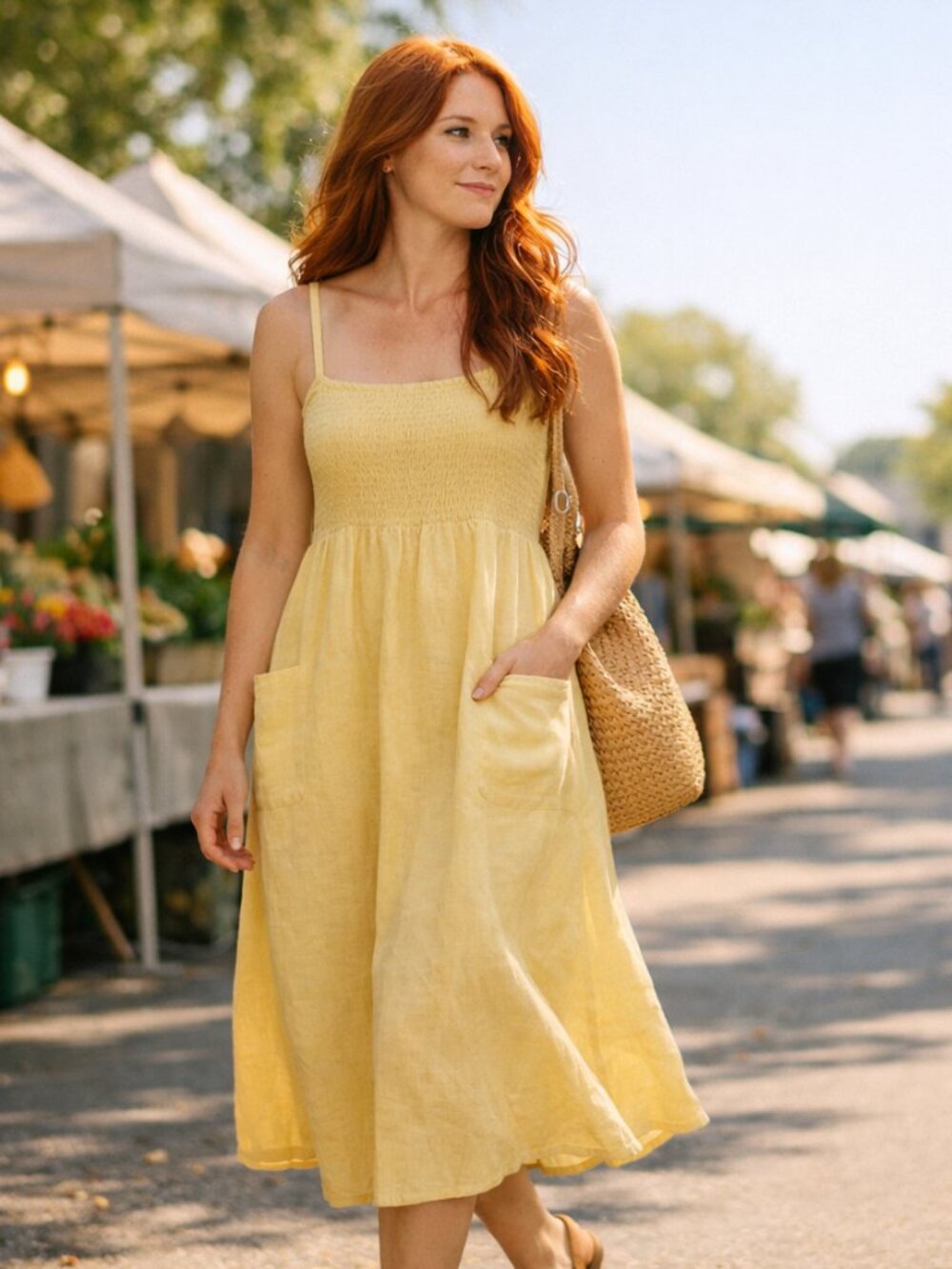 Cooperative Urban Outfitters Butter Yellow Linen Blend Midi Sundress Pockets M